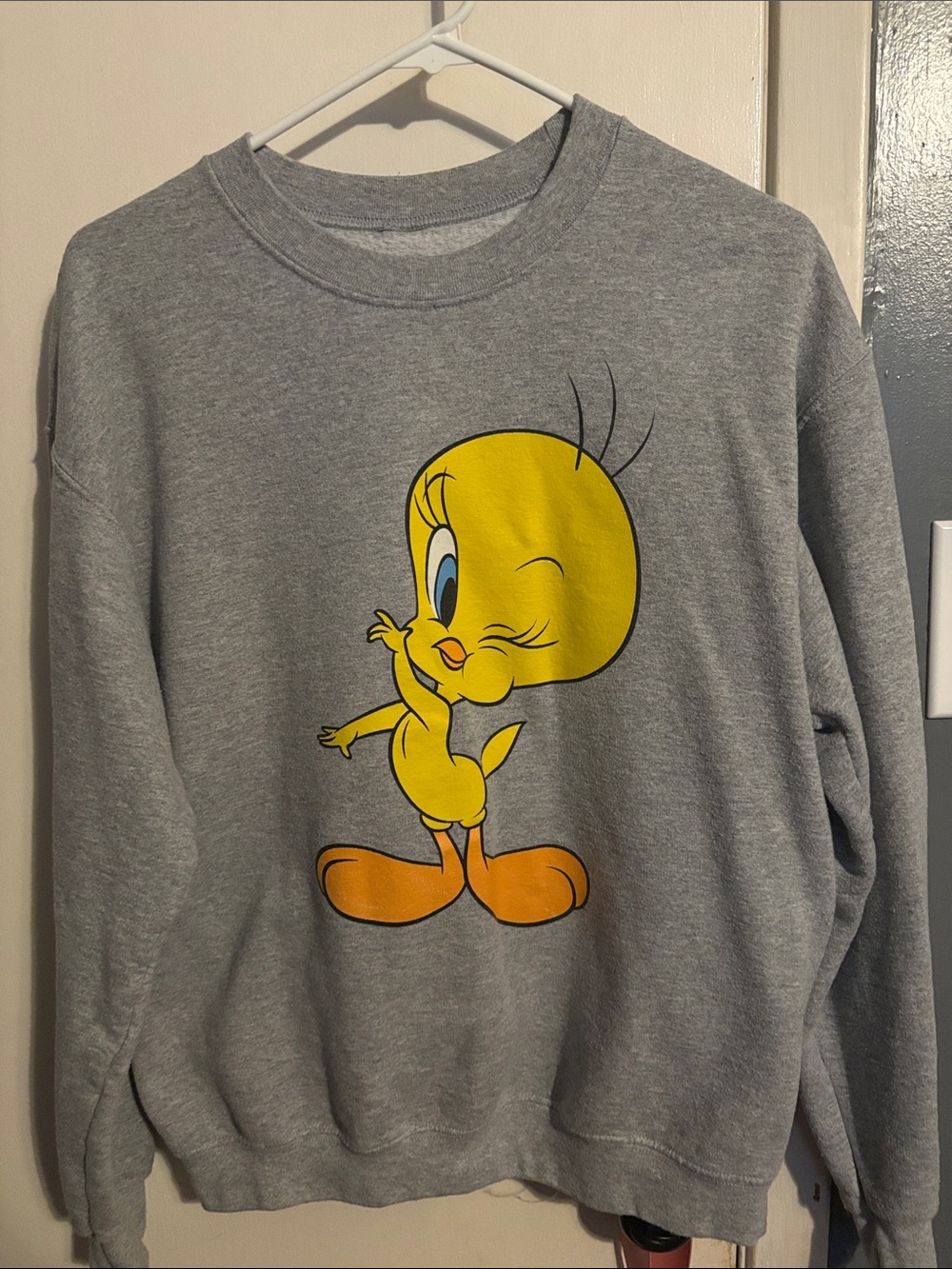 Grey Crewneck Sweater with Yellow Tweety Graphic
